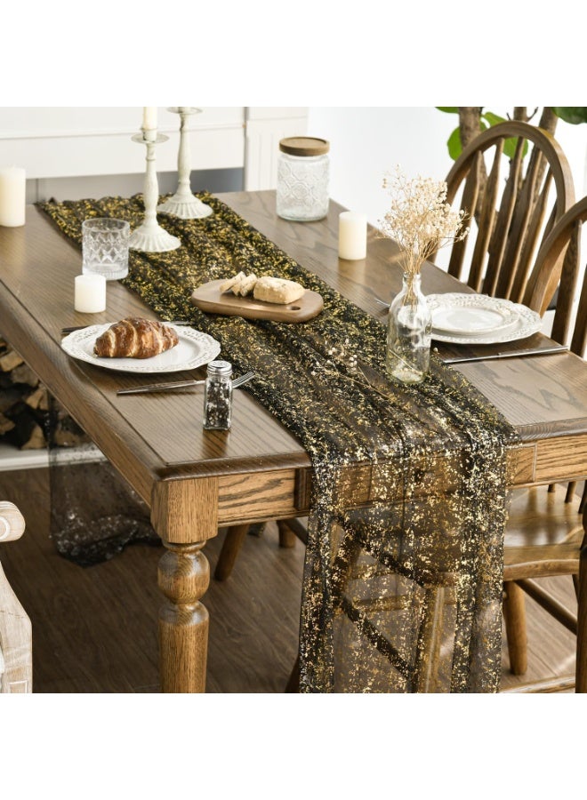 مفرش طاولة من الشاش الاسود والذهبي مقاس 70cm*300cm قدم، مصنوع من رقائق معدنية لامعة شفافة لتناول الطعام وحفلات الزفاف والذكرى السنوية والعطلات واعياد الميلاد وديكور طاولة للمنزل - Image 3